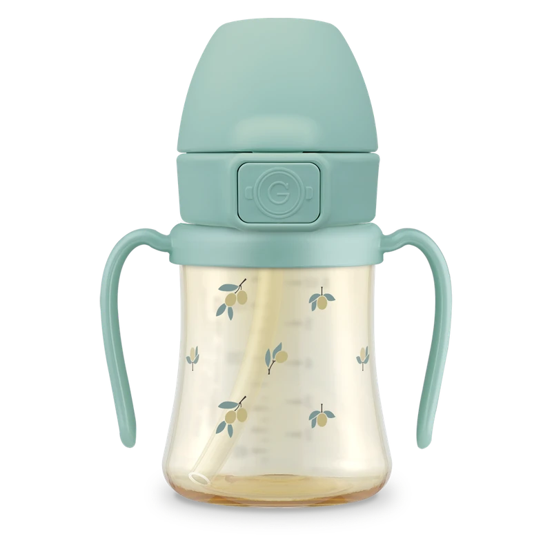 PPSU szívószálas itatópoharak — Olive, 200 ml · súlyozott szívószállal