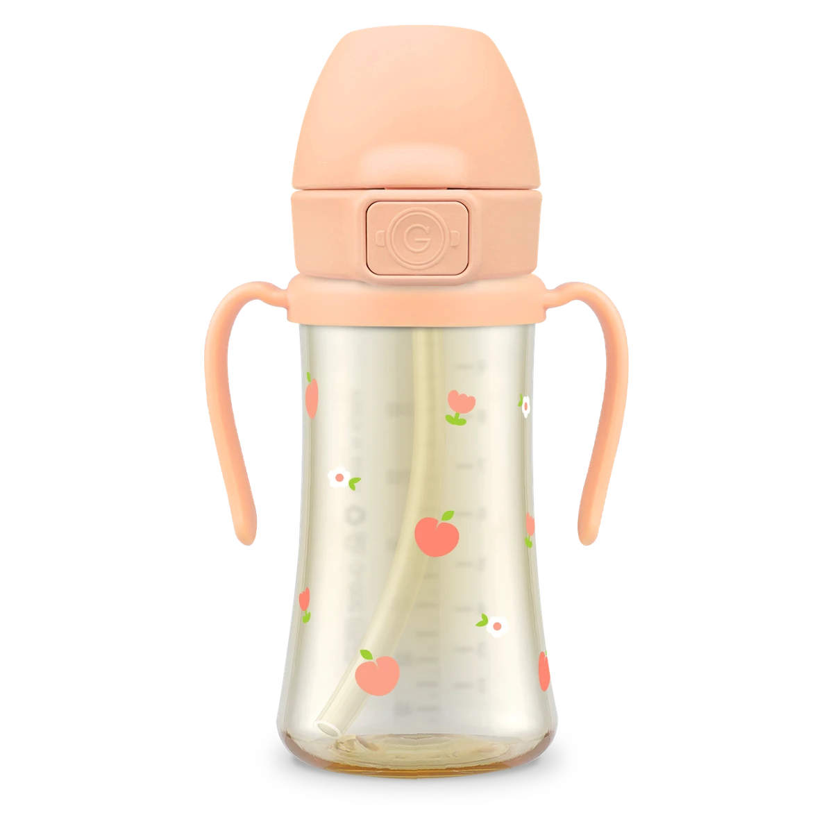 PPSU szívószálas itatópoharak — Peach Flower, 300 ml · súlyozott szívószállal